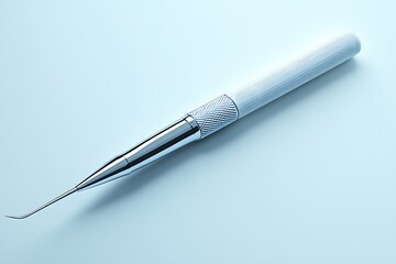 Fototapeta premium A solitary dental pick on a blue background, highlighting oral health.