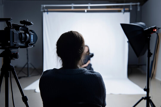 Behind-the-scenes view of a studio photoshoot or video recording with a person against a white paper backdrop with video equipment 