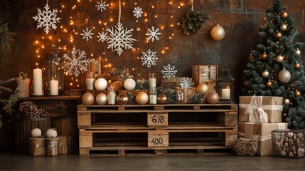 A pallet brimming with winter-themed items like snowflakes and ornaments, placed in a stockroom with rusty vintage walls, combining modern commerce with a retro aesthetic, Vintage, Soft lighting