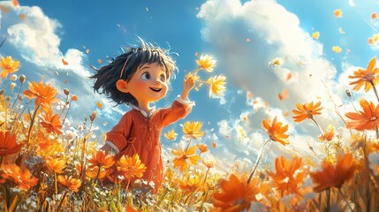 A young girl smiles in a field of bright orange flowers under a blue sky. .