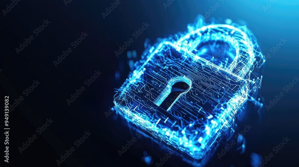 Aufkleber a digital lock symbolizing cybersecurity and data protection in a glowing blue design, representing 