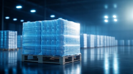 A pallet loaded with fragile glass products, secured with thick padding, set in a high-tech warehouse under cool blue neon lighting, emphasizing safety and precision, Photorealistic, 3D rendering