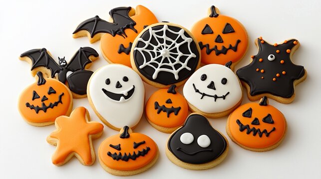 Colorful Halloween cookies featuring pumpkins, ghosts, bats, and a spider web, perfect for festive celebrations and treats.
