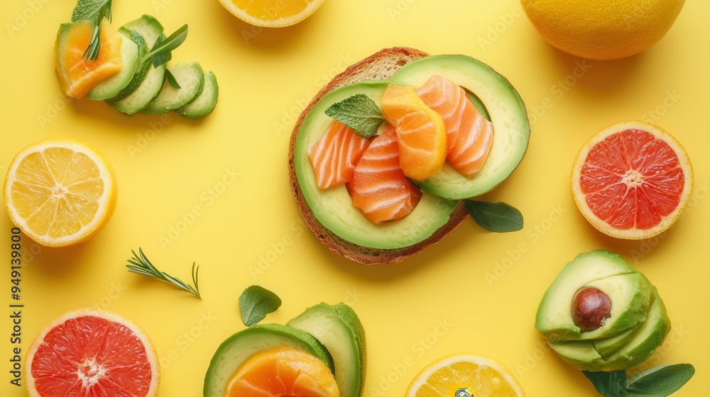Poster this appealing breakfast features avocado toast with salmon and a variety of fresh citrus fruits set