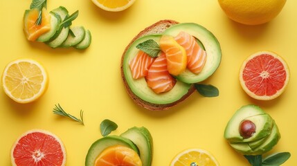 This appealing breakfast features avocado toast with salmon and a variety of fresh citrus fruits set against a bright yellow backdrop. Generative AI