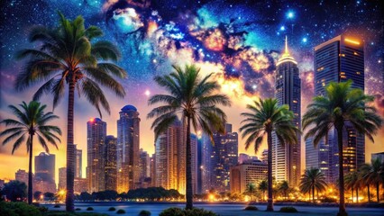 Vibrant starry night sky illuminated by soft city lights, casting a warm glow over tranquil urban landscape with sleek skyscrapers and majestic palm trees.