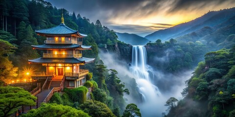 Obraz premium Nachi Falls in the morning, bathed in ethereal moonlight, as the mist takes the shape of a mythical phoenix, rising from the valley.