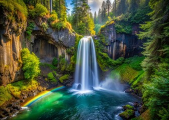 Naklejka premium Toketee Falls after the rain takes on the essence of a shimmering, iridescent peacock's plumage, as the misty veil reveals a kaleidoscope of colors.