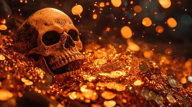 A skull rests on a treasure of glittering coins, evoking themes of adventure, mystery, and the allure of lost riches.