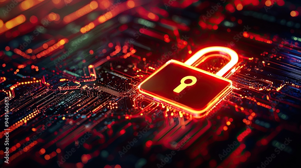 Poster a vibrant digital lock symbol on a high-tech circuit board, representing cybersecurity and data prot