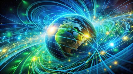 Obraz premium Vibrant, swirled patterns of interconnected lines and shapes in bold blues and greens evoke a sense of dynamic, pulsing global connectivity and abstract futuristic networks.