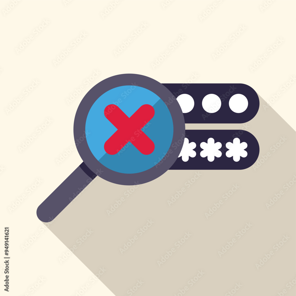 Poster magnifying glass showing a red cross symbol on a wrong password for login security