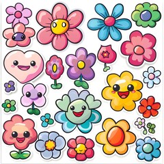 Fototapeta premium sticker set of cute cartoon flowers icon, white background, vector art illustration clipart