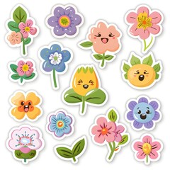 Fototapeta premium sticker set of cute cartoon flowers icon, white background, vector art illustration clipart
