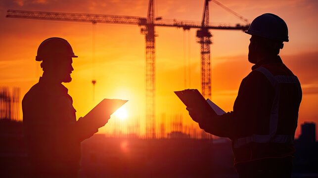 Silhouettes of construction workers reviewing plans against a sunset backdrop, showcasing teamwork and dedication in construction.