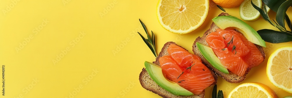 Poster this vibrant breakfast includes avocado toast topped with salmon, accompanied by fresh citrus fruits
