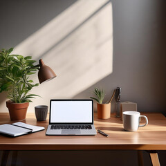 Desk Workspace- An image showcasing a neatly arranged desk with a laptop, notebook, pen