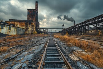 Obraz premium Railroad tracks lead to abandoned factory. A photo representing the decline of industry and environmental impact.