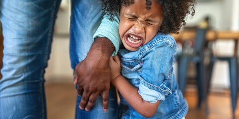 a preschooler crying with their arms wrapped around their parent's leg, refusing to let go