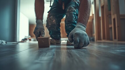 A worker lays down new flooring. This image is useful for articles about home renovations, DIY projects, and construction.
