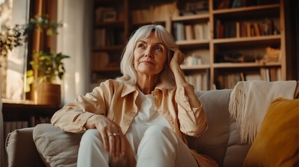 Obraz premium A blonde-haired old woman with a smile and a serious expression is sitting on a sofa in the living room thinking about something.