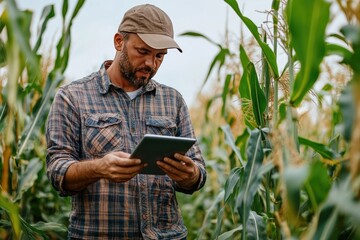 A farmer uses technology in a cornfield. This photo shows a farmer utilizing modern technology to improve efficiency and manage his crops.