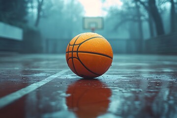 A lone basketball rests on a rain-soaked court, reflecting the moody atmosphere.