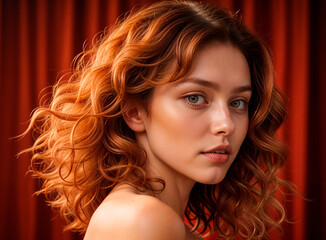 Suggested Title: "AI-Generated Portrait: Elegance and Warmth of a Woman with Reddish Hair and Intense Gaze Under Warm Lighting"