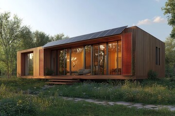 Obraz premium Modern wooden house with solar panels. Perfect for illustrating sustainable and eco-friendly living.