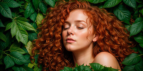 "Portrait with Floral Background"Description: AI-generated photograph of a woman with long, flowing red hair, posing in front of a vibrant floral backdrop. The image emphasizes natural beauty and the 