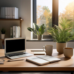 Desk Workspace- An image showcasing a neatly arranged desk with a laptop, notebook, pen