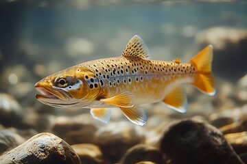 Fototapeta premium A brown trout gracefully swims upstream in a clear river.