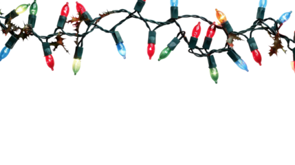 Christmas border with conifer branches and garlands of Christmas lights isolated on white background