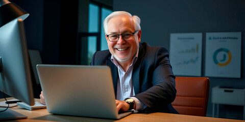 Title: "Professional in the Office"Description: AI-generated photograph of an older professional man smiling confidently while working on his laptop in a modern office. The scene highlights a producti