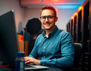 Title: "Young Professional in the Office"Description: AI-generated photograph of a young professional confidently working on a laptop in a modern office. The scene highlights a productive and positive