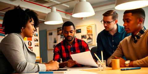 "Office Collaboration: Diverse Team Working Together on a Creative Project"