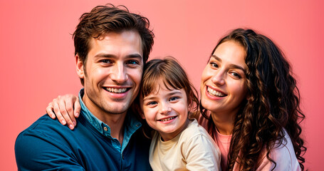 "Joyful Family Portrait: A Happy Moment with Father, Mother, and Daughter Against a Pink Background"