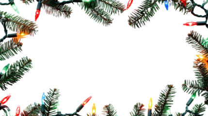 Christmas border with conifer branches and garlands of Christmas lights isolated on white background