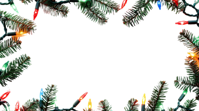 Christmas border with conifer branches and garlands of Christmas lights isolated on white background