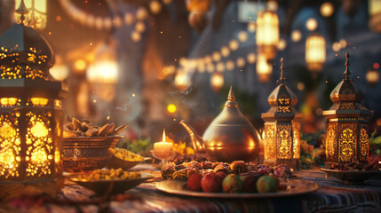 Fototapeta premium Ramadan celebration with lanterns and food at night