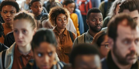 Fototapeta premium travelers standing in a long queue at an airport security checkpoint, with expressions of impatience and exhaustion