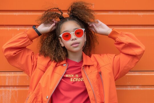 Girl with long Curly hair wearing bright orange clothes with Back to School text against orange background. Back to School Promotional Banner Concept