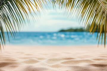 Beautiful summer background with palm leaves, sandy beach, and blurred sea view, ideal for vacation themes. Captured with a Nikon D850.