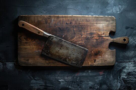 Antique knife on wood board with dark background