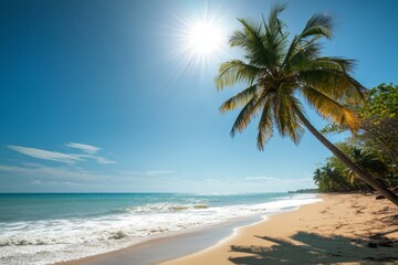 Fototapeta premium Serene Tropical Beach Scene with Palm Trees, Clear Blue Sky, and Calm Ocean Waves Under the Bright Sun, Perfect for Travel Marketing and Vacation Brochures
