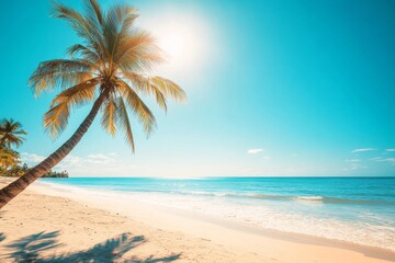 Obraz premium Serene Tropical Beach Scene with Palm Trees, Clear Blue Sky, and Calm Ocean Waves Under the Bright Sun, Perfect for Travel Marketing and Vacation Brochures