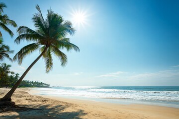 Obraz premium Serene Tropical Beach Scene with Palm Trees, Clear Blue Sky, and Calm Ocean Waves Under the Bright Sun, Perfect for Travel Marketing and Vacation Brochures