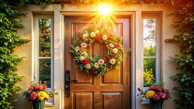 Warm sunlight spills through the open front door, illuminating a inviting entrance with a beautiful floral wreath hanging from the door frame.