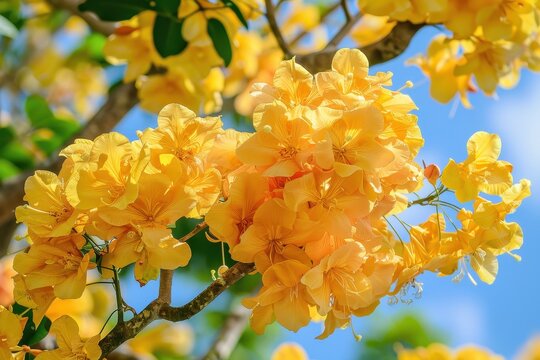 Blooming golden trumpet tree and guayacan flowers