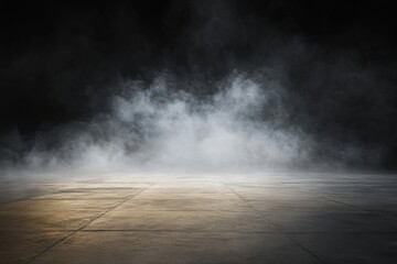 Abstract Dark Background with Smoke and Fog on Empty Concrete Floor, Ideal for Product Presentation or Mockup Template, High-Resolution Panoramic Banner Design